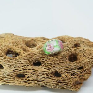 White Floral European Glass Charm Bead with Silver Core Center